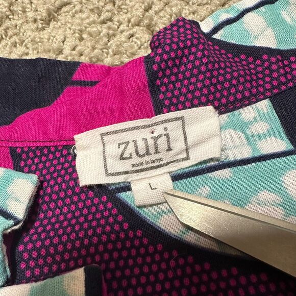 Zuri Magenta Black Geometric Abstract Retro Mod Print Button Up Shirt Top, Large - Picture 5 of 8